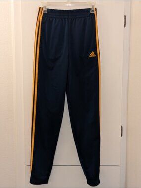 Adidas Navy & Yellow Youth Track Pants Size L 14/16 Polyester Elastic Waist 3-St